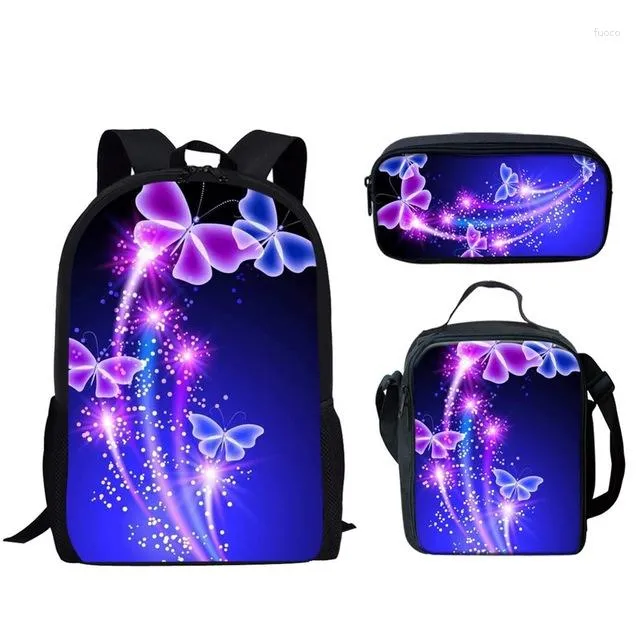 Zaino Trendy Creative Beautyful Butterfly Animal Stampa 3D 3 pezzi / set Borse da scuola per studenti Laptop Daypack Lunch Bag Pencil Case