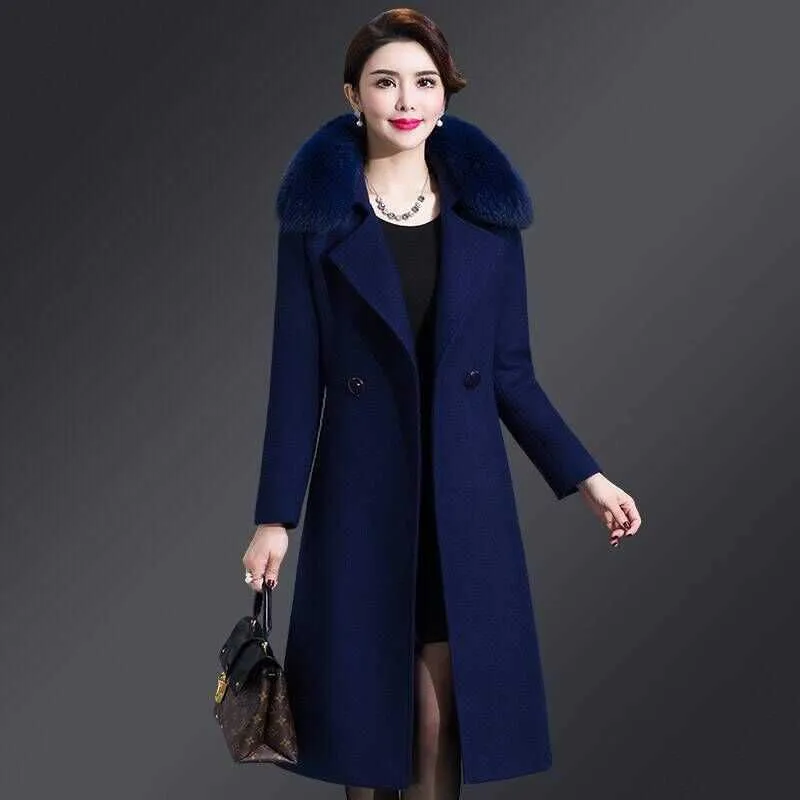 Women's Wool Blends High Quality Big Fur Collar Woolen Coat Women Belt Knee-Length Double Breasted Mid-Long Woolen Jacket For Autumn Winter Outcoat HKD230713