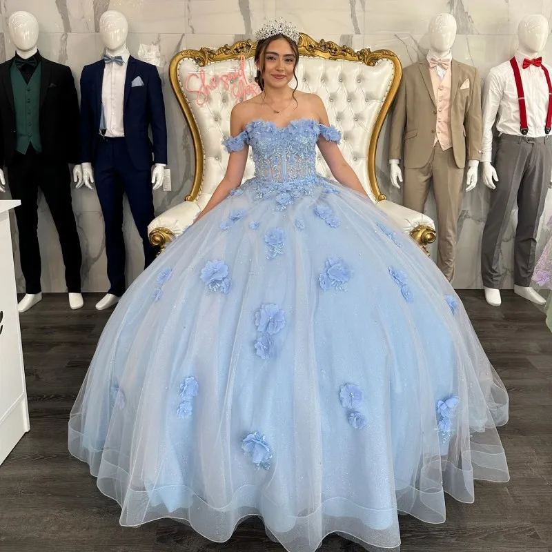 Luxury Sky Blue Quinceanera klänningar 2024 Bollklänning Floral Applique Crystal 3Dflower Sweet 16 Dresses Lace-Up Birthday Party