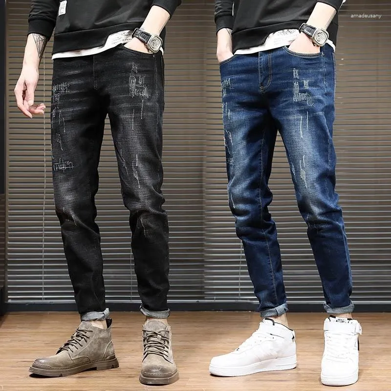 Men's Jeans Men Ripped Spring Autumn Fashion Casual Hole Slim Long Denim Pants Hip Hop High Street Wear Joggers Black Blue