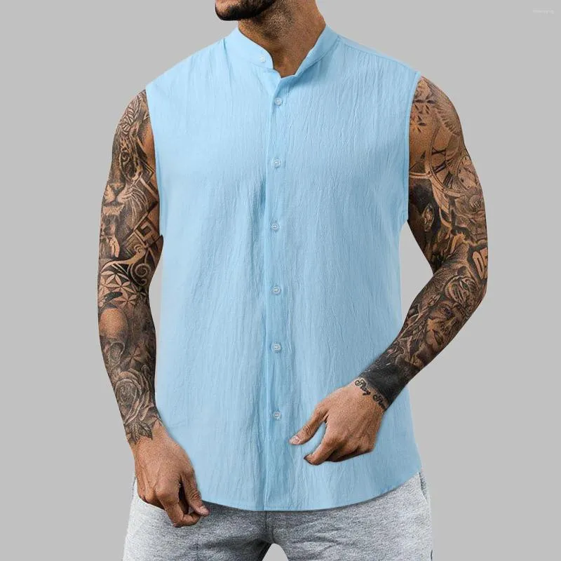 Männer Casual Hemden Sommer Baumwolle Hemd Ärmel Stehkragen Einfarbig Taste Für Männer Streetwear Camisas Blusas Tops