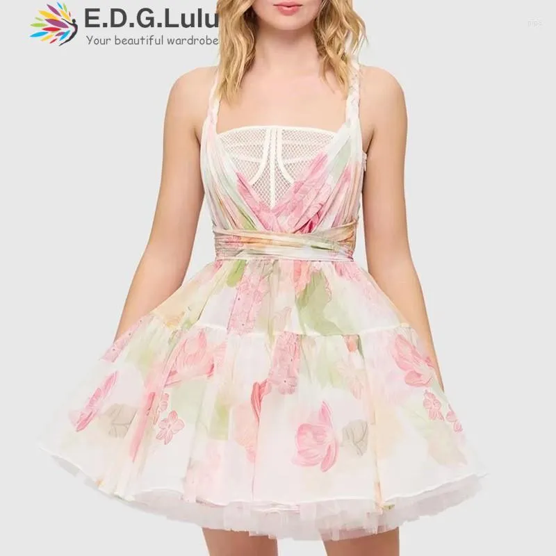 Vestidos casuais EDGLuLu Moda Estampado Floral Para Mulheres 2023 Designer de Luxo Festa Alça Espaguete Decote em V Vestido Sexy Praia Férias0520