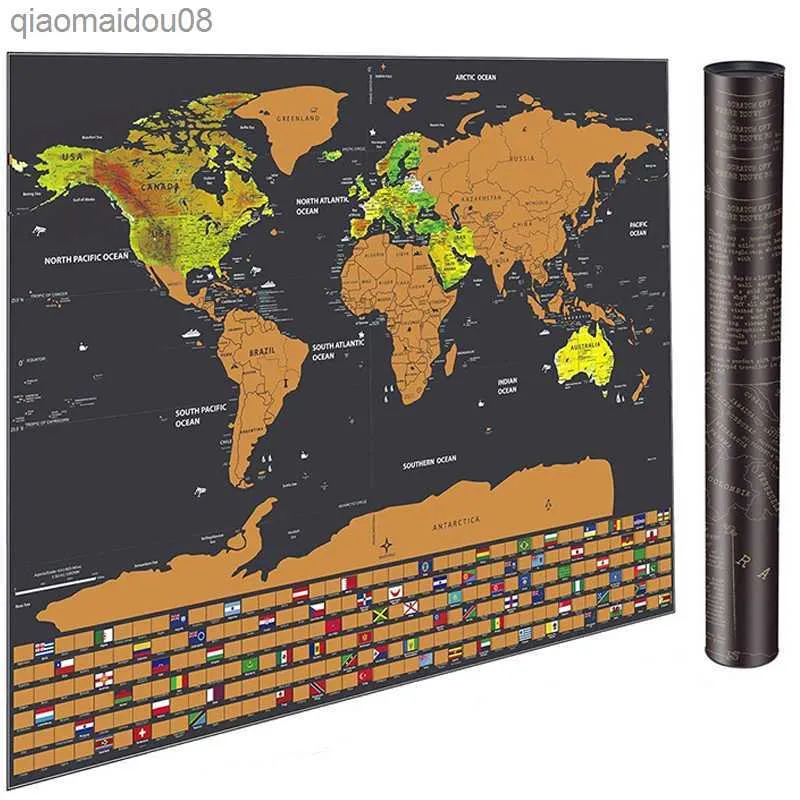 スクラッチオフ世界地図ブラックゴールド高級版世界旗地図クリエイティブギフト絵画書道家の装飾用 L230704