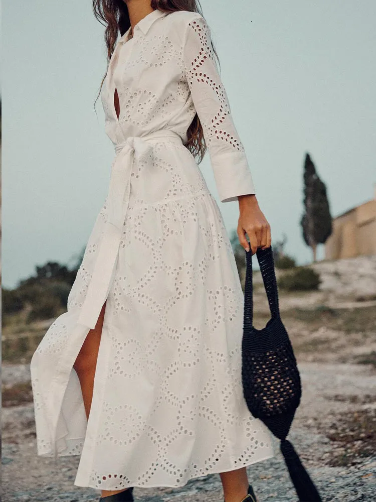 HOT ! Long Sleeve White Embroidered Summer Dress Basic Long Sleeve White Dress With Lapel Neckline And Single HOT ! Long Sleeve White Embroidered Summer Dress Basic Long Sleeve White Dress With Lapel Neckline And Single