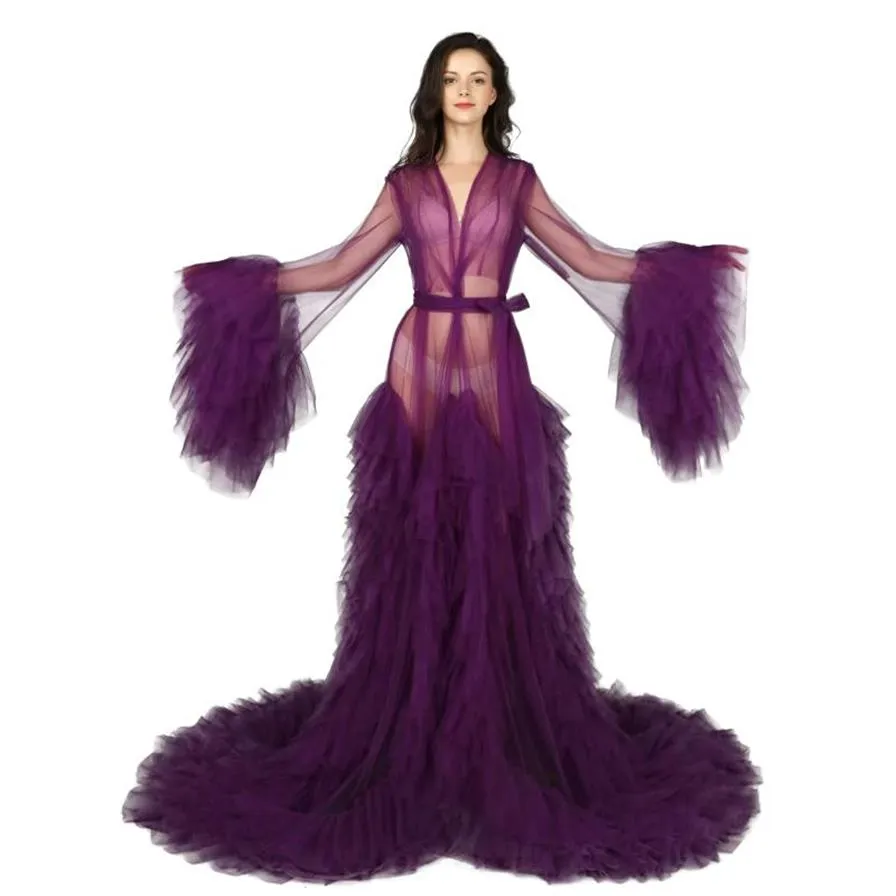 Vestimenta de Palco Elegante Roxo Vestido de Noite Cantor Show Costume Po Shoot Chá de Bebê Babado Pography Robe249m