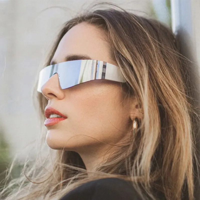 Y2K futurystyczne okulary bez oprawek nowy Punk jednoczęściowy płasko zakończony tarcza Wrap Around okulary przeciwsłoneczne damskie lustrzane okulary przeciwsłoneczne męskie Uv400