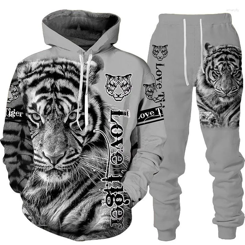 Träningsoveraller för män Animal Tiger 3D-tryckt hoodie och byxor Kostym Trend Herr Kvinnor 2 st Sportkläder Träningsoverallsset Höst Vinterkläder