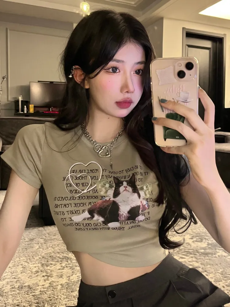 T-shirt pour femme Y2k Esthétique Lettre et Chat Imprimé T-shirts Manches Courtes O-Neck Street Clothing Coupe Ultra Mince Full Matching Harajuku Basic Top Femme 230711