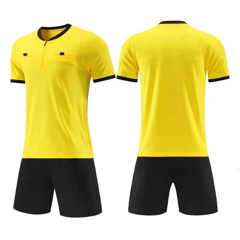 Other Sporting Goods Professional Referee Soccer Jersey Set Adult Umpire Football Uniform Short Sleeve Half Zip Judge Shirt Double Pockets Shorts Kit 230712