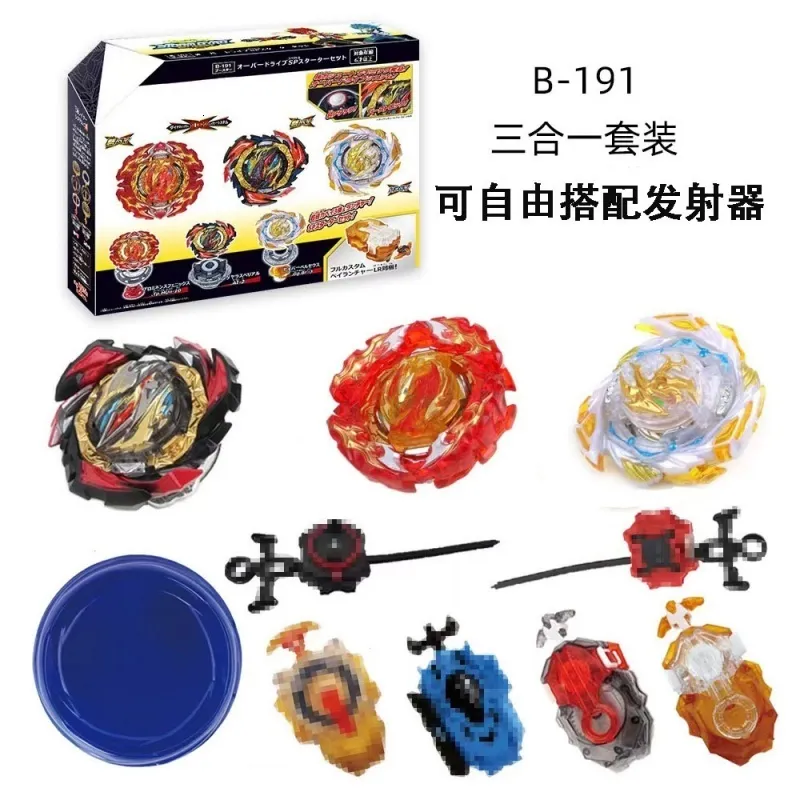 Spinning Top Beyblade Burst Alloy Battle Burst Gyro B191 Três em Um com Transmissor Gyro Plate Colored Box Suite Toy 230711