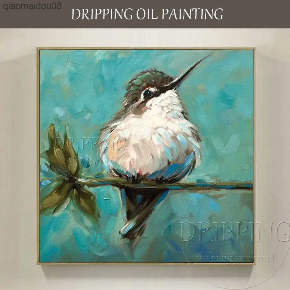 Abile artista dipinto a mano di alta qualità mini animale colibrì pittura a olio su tela simpatico uccello colibrì pittura a olio L230704