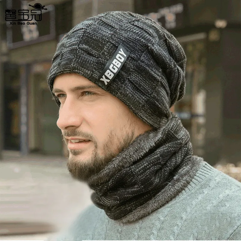 Mens Winter Beanie Hats Scarf Set Warm Knit Skull Cap Neck Warmer with Thick Fleece Lined Winter Hat Scarf