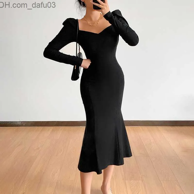 Urban Sexy Dresses WannaThis Knitted Women's Long Sleeve Square Neck Sexy Ruffled Hem Office Women's Elegant Black Fashion Maxi Robe Women's 2021 Z230713