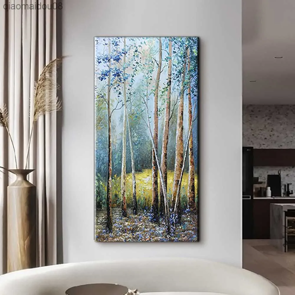 Pintura a óleo feita à mão sobre tela Birch Forest Abstract Landscape Painting Hand Painted Wall Art Pictures For Living Room Decor L230704