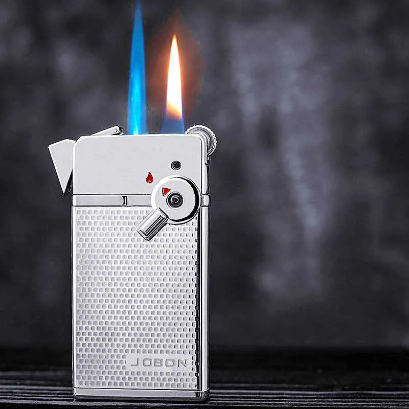 Jobon – briquet à deux flammes (flamme bleue coupe-vent + flamme rouge), meule gonflable en métal sans gaz, boîte-cadeau pour fumer LC9M