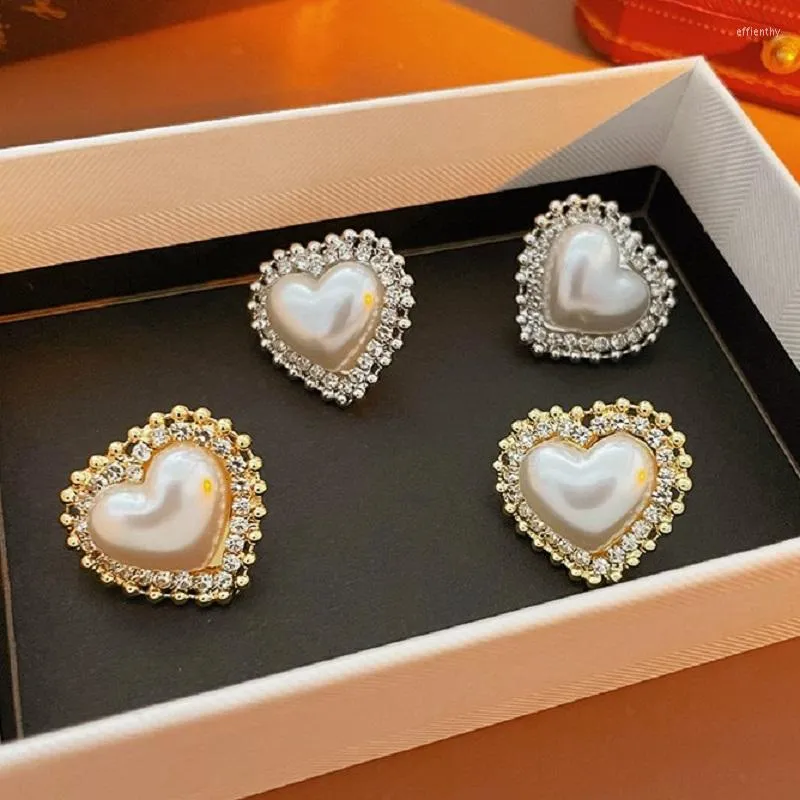 Stud Earrings Lovelink Korean Style White Pearl Double Layer Heart For Women Retro Rhinestone Earring Girls Fine Accessory