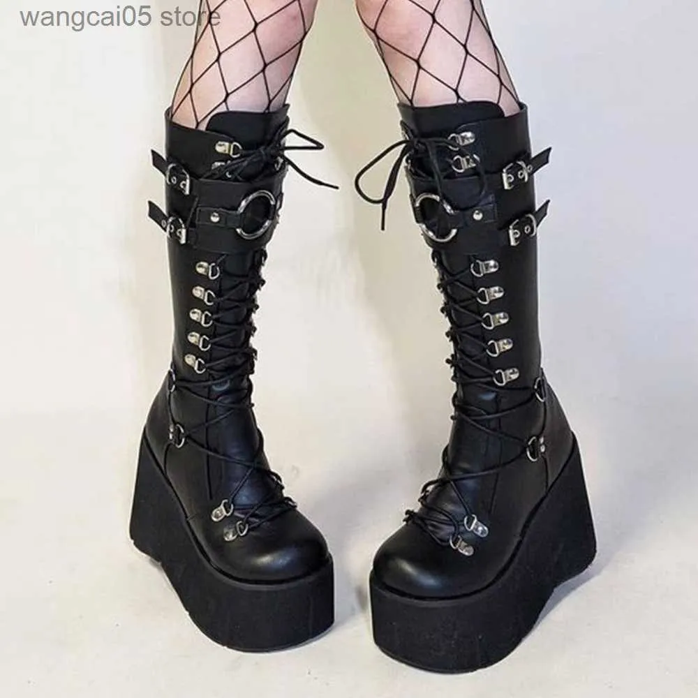 Boots women goth platform knee high boots halloween coaplay autumn combat boots zip wedges design motorcycle boots shoes T230712