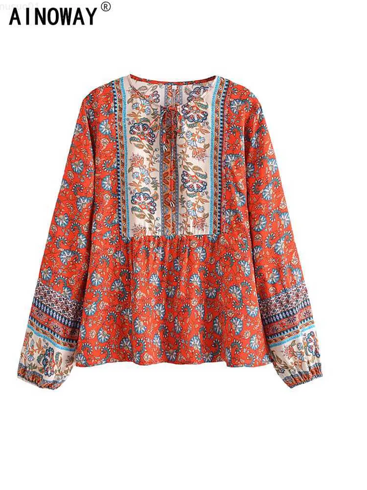 Kvinnors blusar skjortor boho mode kvinnor toppar vintage blommiga tryck lösa blusar damer o nacken långärmad strandtröjor blusas mujer l230712