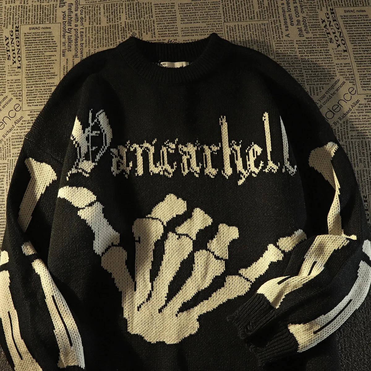 Men's Sweaters Harajuku Hip Hop Skull Oversized Knitted Sweater Personality Fashion Gothic Vintage Jumper Sweater Mens Streetwear 230711