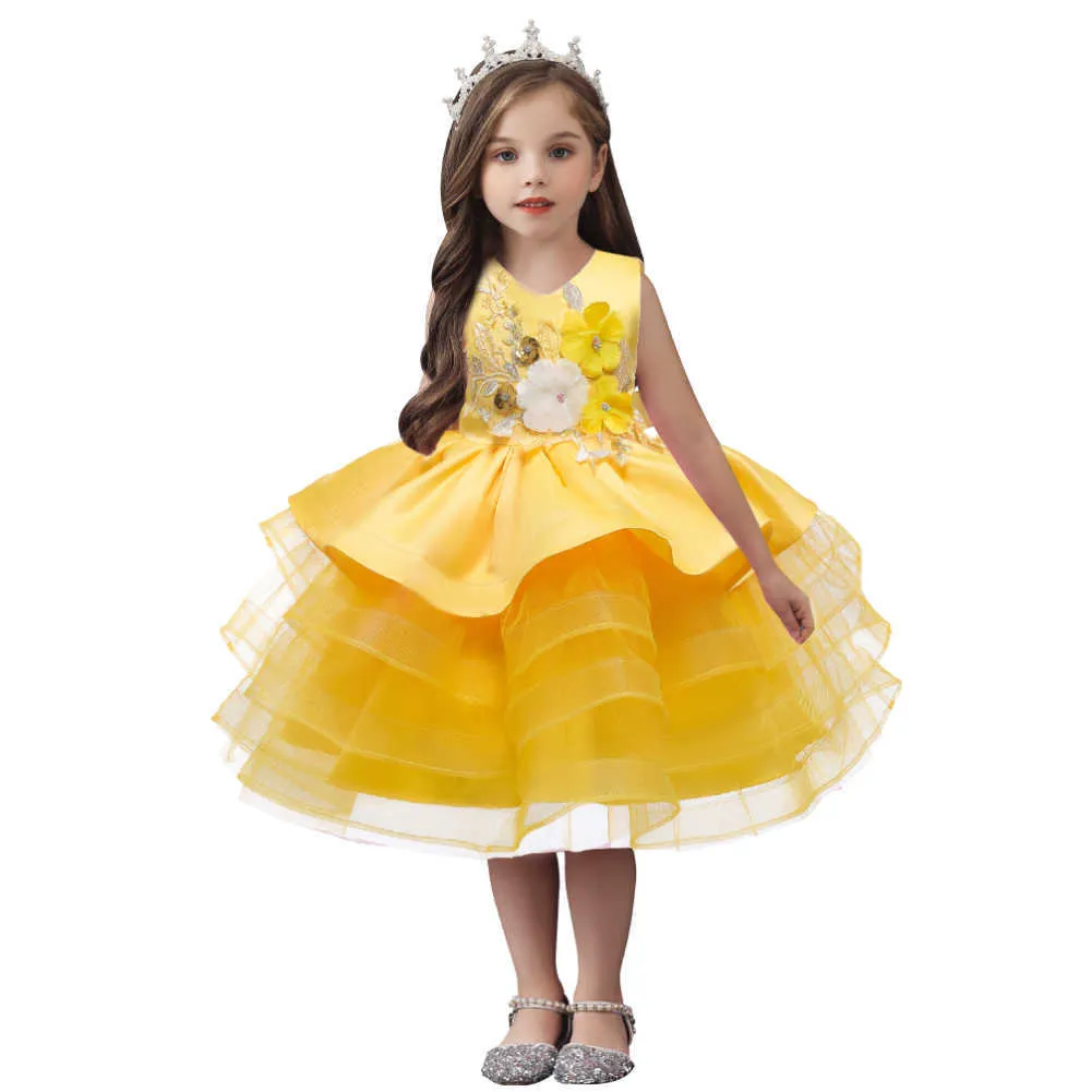 Vestidos de menina sem mangas, amarelo, em camadas, lindos, vestidos de aniversário para bebês, para crianças, fofo, decote em V, flor, roupas para crianças pequenas, na altura dos joelhos, 2-8 anos, HKD230712