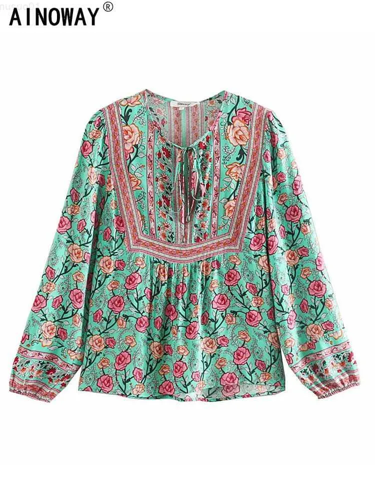 Damenblusen, Hemden, Vintage-Chic, Happie-Frauen, floral bedruckt, V-Ausschnitt, Schnürung, Boho-Blusenhemden, Damen-Langarmshirt aus Rayon-Baumwolle, böhmische Blusas, L230712