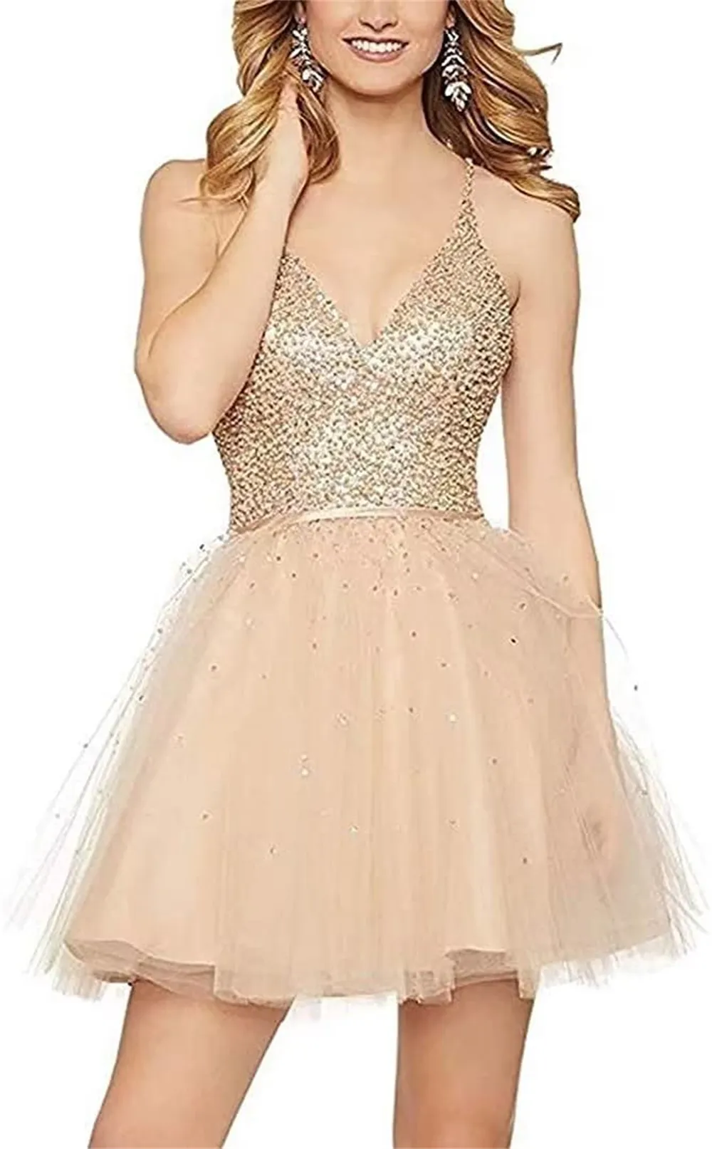 Short Homecoming Dresses Spaghetti Beading Sequins Deep V-Neck Ball Gown Party Gowns Princess Plus Size Mini Birthday Prom Graudation Cocktail Party Gowns 61