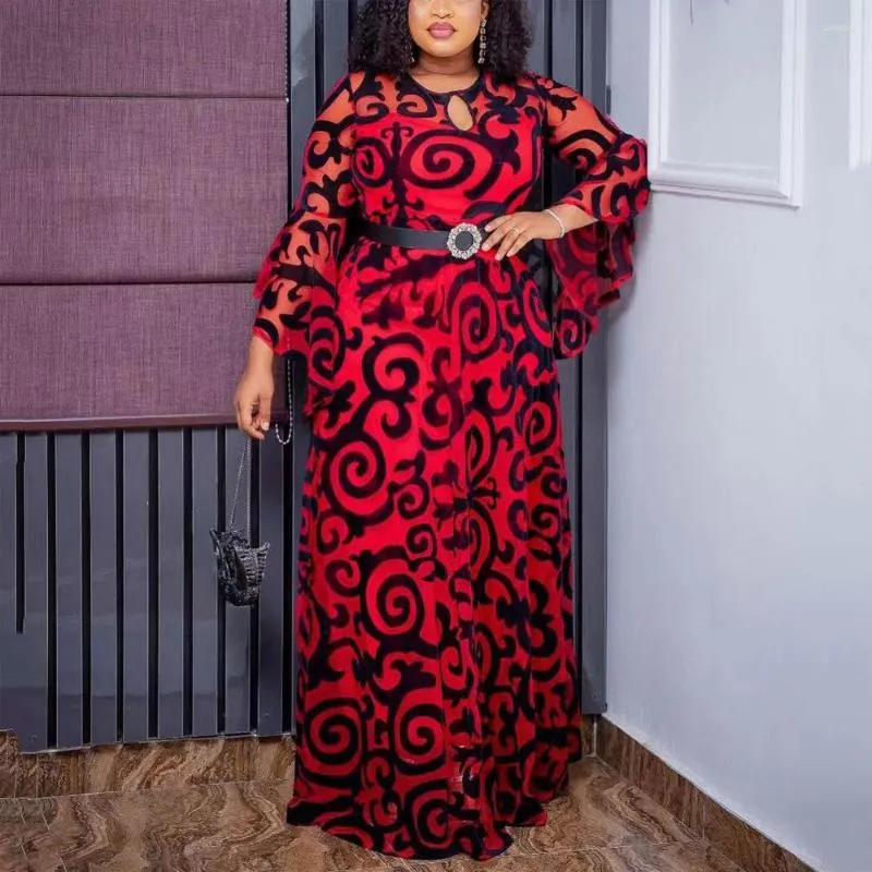 Robes décontractées dames africaines mode longue mousseline de soie pour les femmes col rond manches évasées taille haute étage longueur robe d'anniversaire de luxe