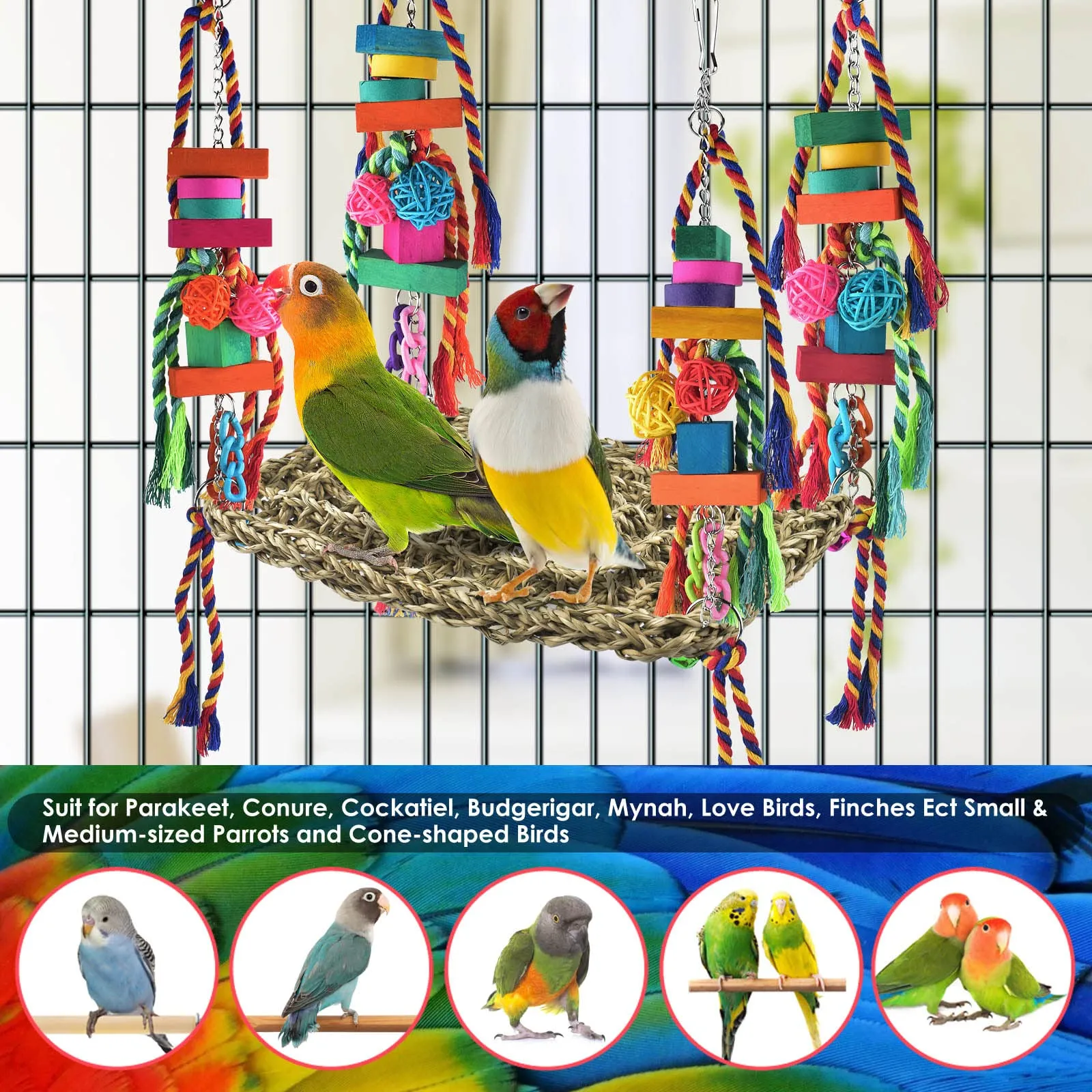 Petyoung Kletternetz Für Vögel – Mit Kauspielzeugen, Aus Seegras, Für Papageien, Sittiche, Nymphensittiche (ca. 28x19 Cm)