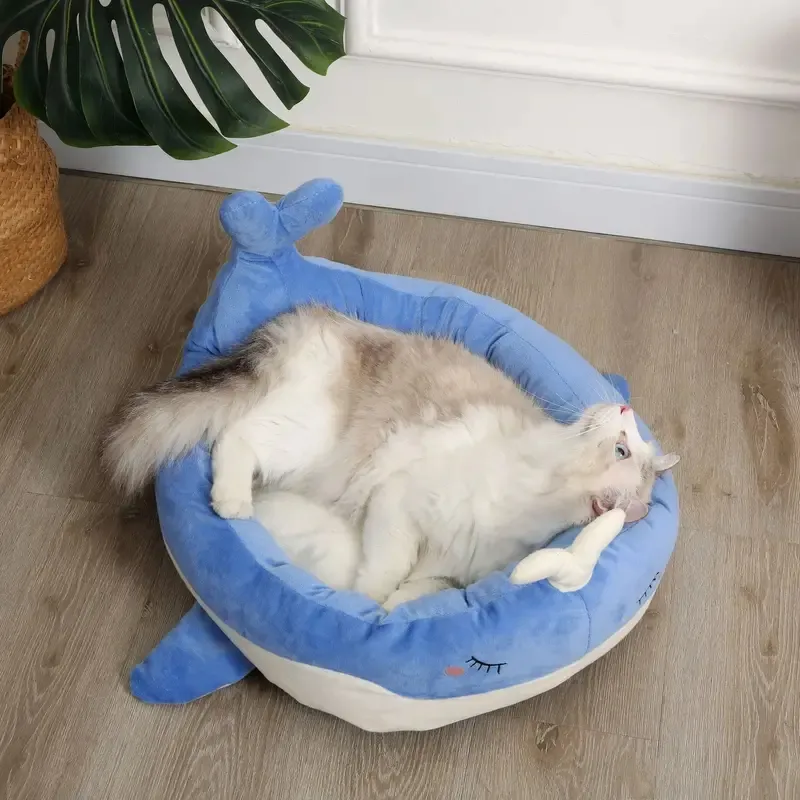 Lit de petit chien de lit de chat de forme de baleine mignonne, coussin lavable amovible moelleux doux de lit d'animal familier