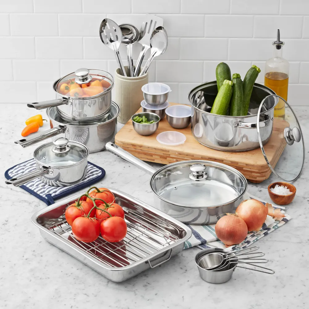 Полога на комплектациях из нержавеющей стали 24peece Kitchen Atensilts Pone Pans и 230711