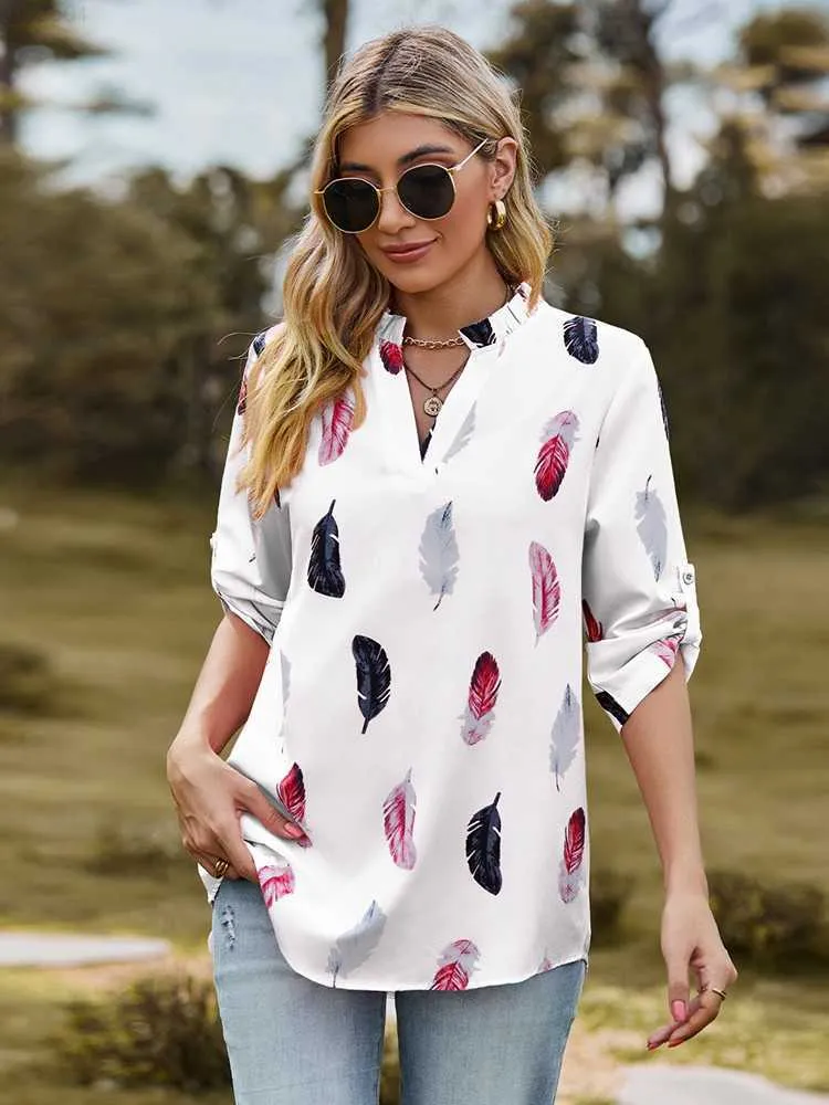 Blusas de mujer Camisas Otoño Blusas con estampado de plumas para mujer 2023 Moda Cuello en V Tres cuartos Elegantes Tops casuales Tallas grandes Trabajo de oficina Camisas de dama L230712