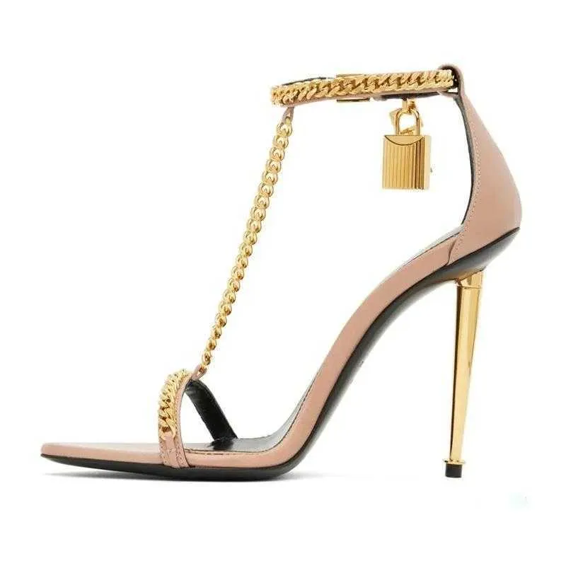 Summer Luxury Gold Chain Link Sandals Shoes Padlock Pointy Naked Women High Heels Lady Lock-and-key Party Wedding Gladiator Sandalias EU35-43