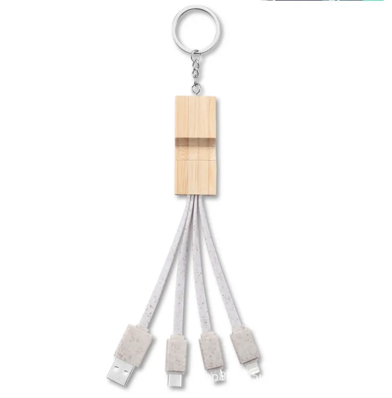 Key chain Environmental Charging Cable Straw a Tow Three Data Cable Three In One Wheat Straw Stand Data Cable