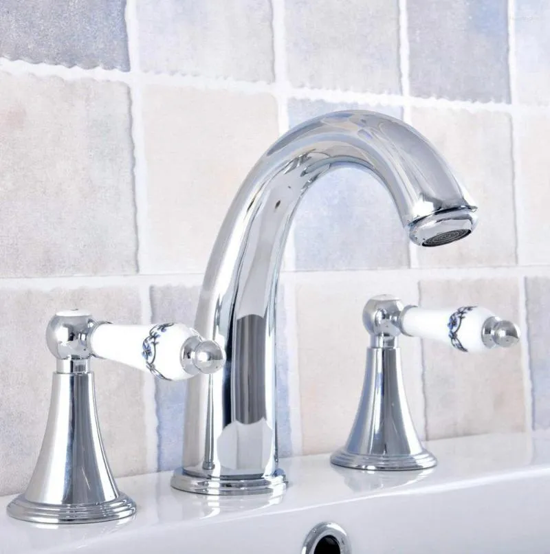 浴室のシンクの蛇口ポリッシュクローム真鍮デッキマウント洗面台の蛇口普及型バニティミキサータップ3穴/2ハンドルAnf546