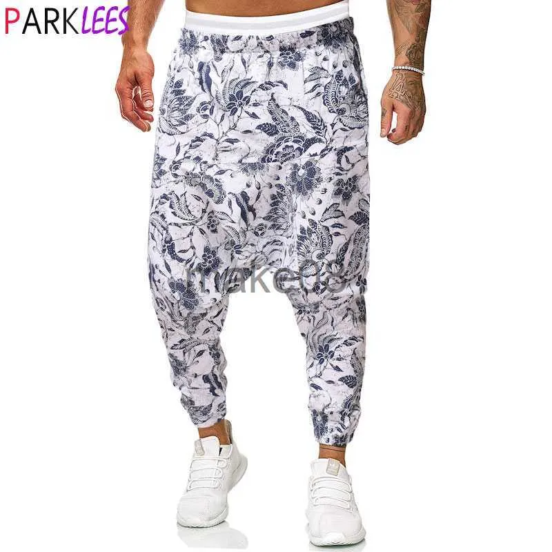 Herrbyxor Herr Blommönster Harem Baggy Genie Boho Byxor Bomull Linne Yoga Drop gren Joggers Träningsbyxor Hip Hop Streetwear Byxor 5XL J230712