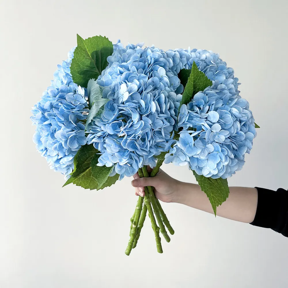 Fleurs séchées Bleu Hortensia Artificiel Real Touch Branches Vertes Décoration Bouquet De Mariage Arrangement De Fleurs 230711