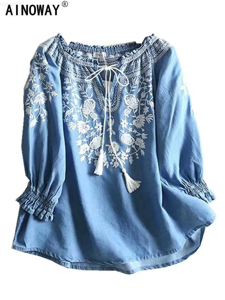 Kvinnors blusar skjortor vintage chic kvinnor blommor broderi strand bohemian denim bomullsblockskjorta långärmad v-hals tofs lös boho jeans skjortor l230712