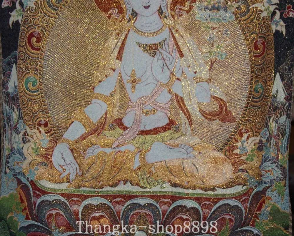 Tibet Budizm'in Yedi Gözlü Beyaz Tara Buddha Thangka İpek Asma Resimleri ve Zarif Dekorasyonları Toplamaya Değer