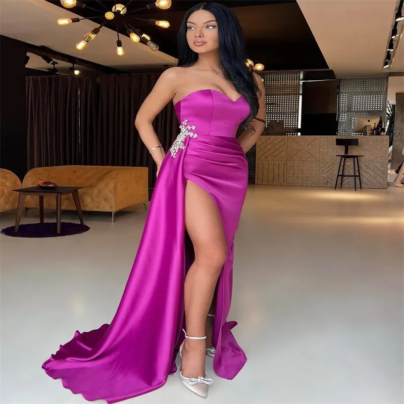 Elegant Purple High Slit Prom Dress 2023 With Beaded Sexy Sweetheart Mermaid Evening Gowns Chic Plus Size Formal Dance Party Formal Occasion Women Reception Wear