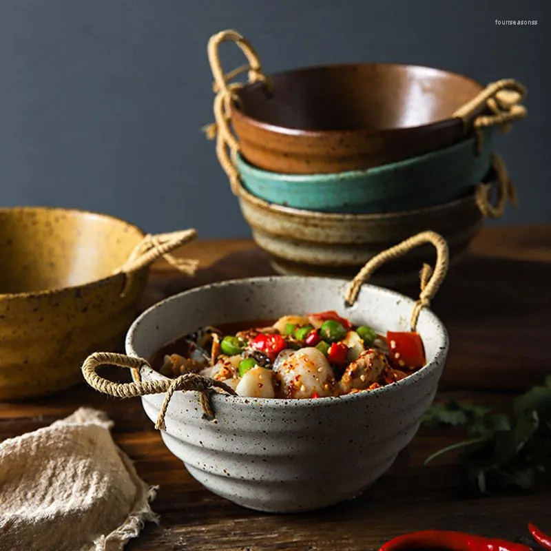 Tigelas Retrô Japonês Tigela de Cerâmica Criativa Cabo de Corda Sopa Macarrão Salada Ramen Salada Fundo de Cozinha Utensílios de Mesa Coco