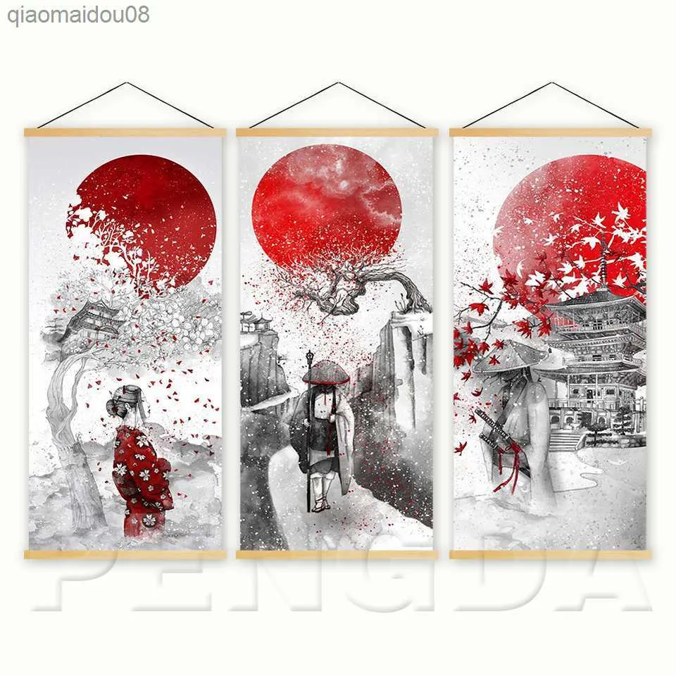 북유럽 스타일 벽 예술 작품 캔버스 사진 일본 애니메이션 포스터 나무 스크롤 매달려 그림 인쇄 가정 장식 거실 L230704