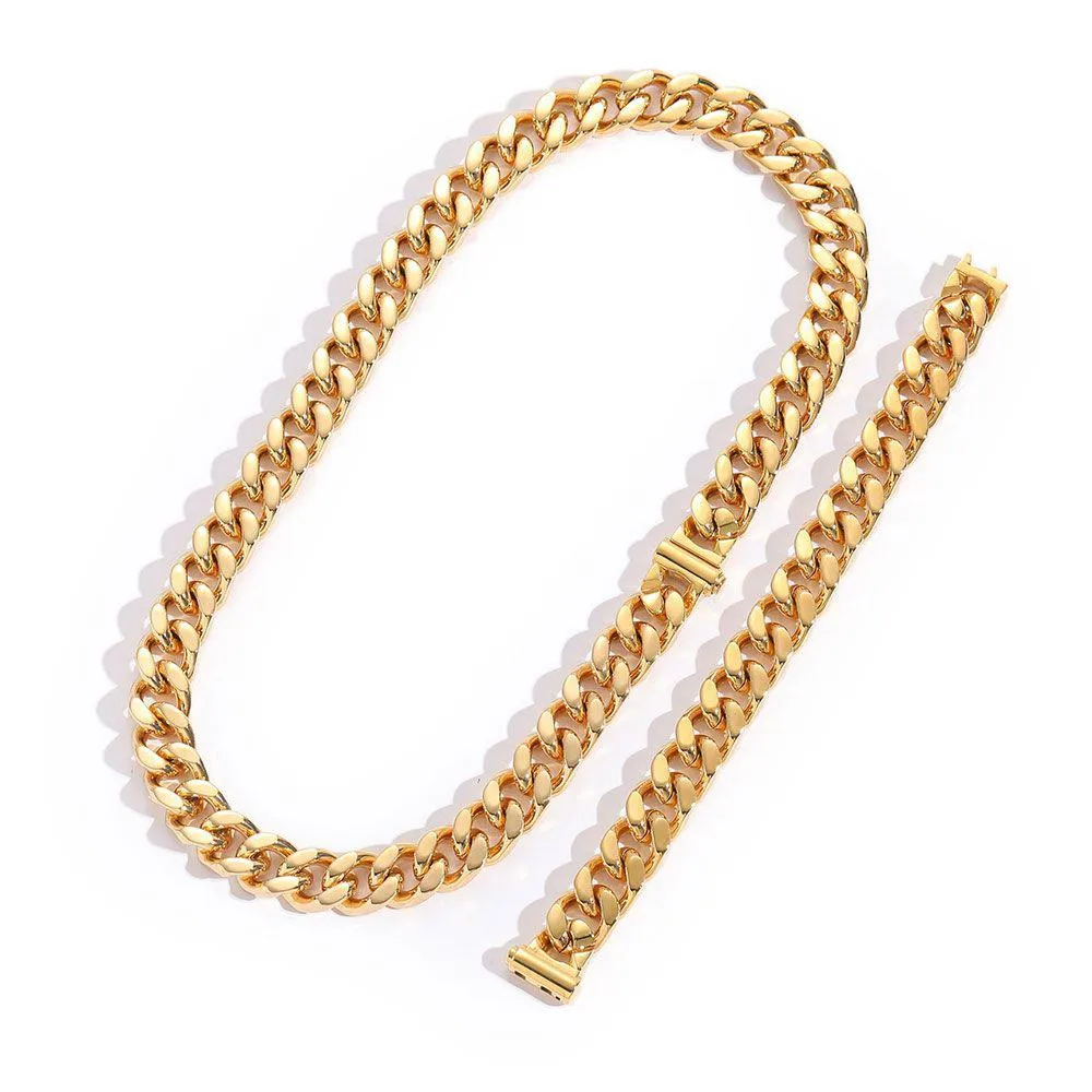 Bracelet Necklace Hip Hop Cuban Link Chain Set Heavy 18K Real Gold Plated Stainless Steel Metal For Men Drop Delivery Jewelry Sets Dhoig
