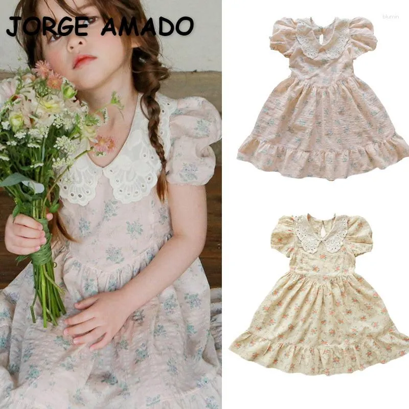 Robes fille pré-vente robe d'été pour bébé col rabattu rose jaune Floral manches courtes bouffantes mi-mollet princesse E815