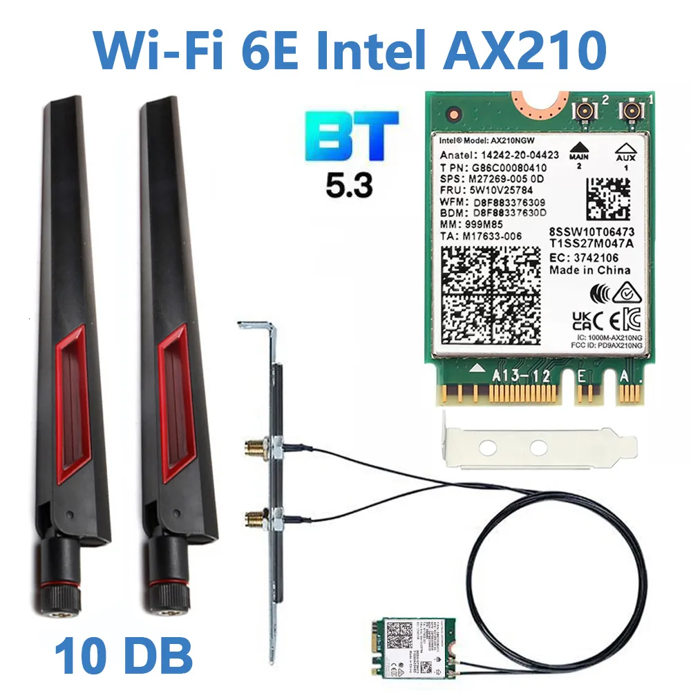 Adaptery sieciowe Wi Fi 6E Karta Intel AX210 Bluetooth 5 3 Adapter WiFi 6 5374 Mb/s Zestaw stacjonarny 2 w 1 10DBi Antena 802 11ax 2 4G 5Ghz 6Ghz Na PC 230712