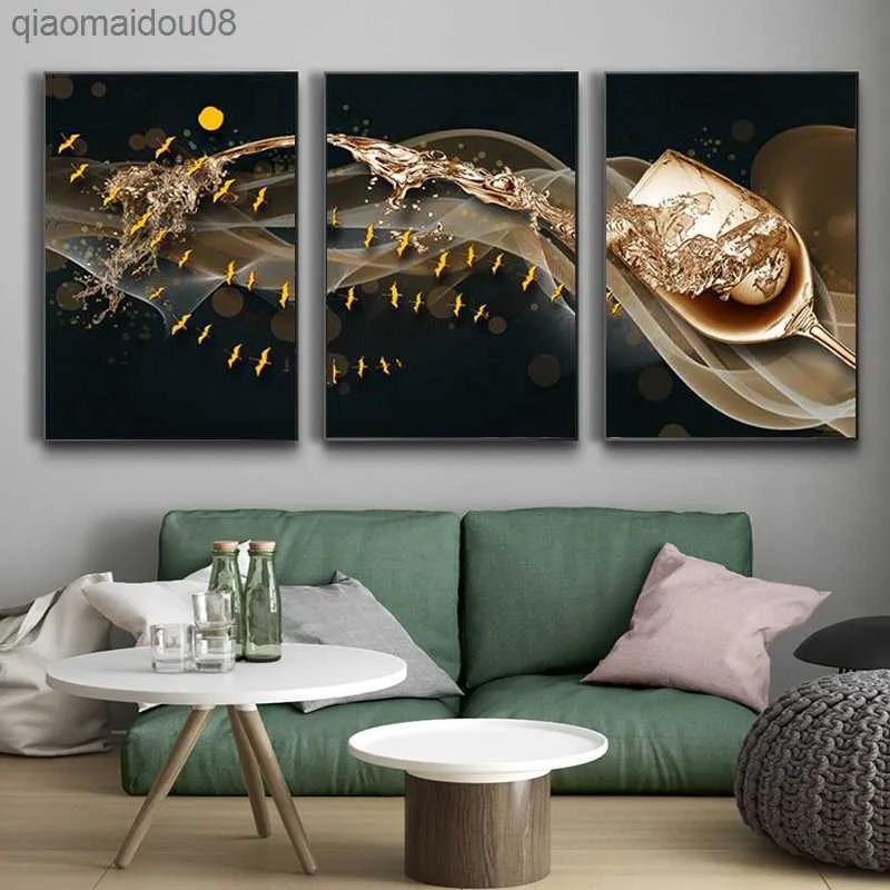 3 panneaux abstrait toile peinture or verre à vin et poisson affiches et impressions mur Art photos pour salon décor pas de cadre L230704