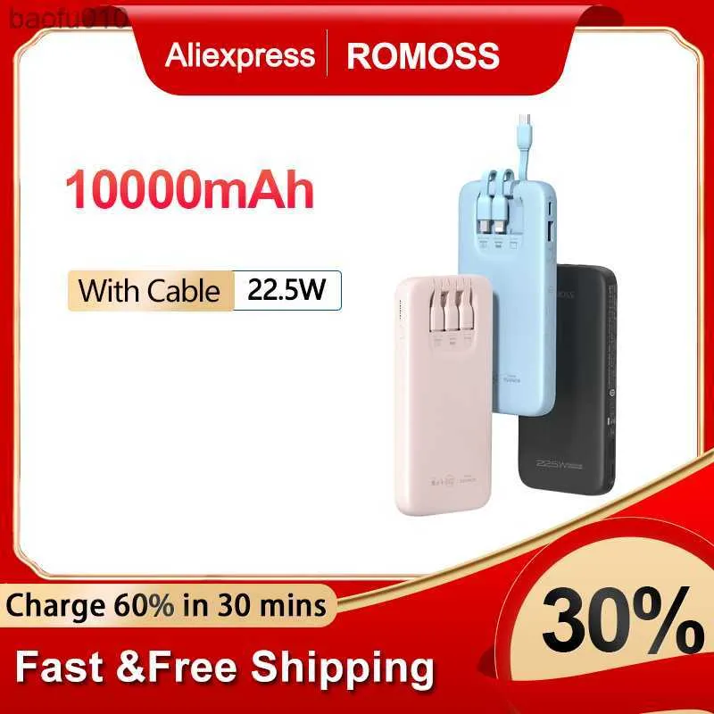 ROMOSS 10000mAh Power Bank Built in 3 Cables 22.5W Fast Charging External Battery Portable Charger 10000 mAh Powerbank For Phone L230712