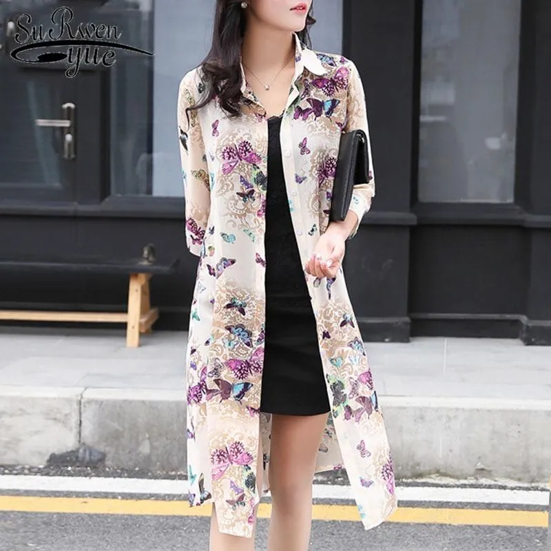 Set Summer Sun Protection Women Long Bluses Super Thin Floral Chiffon Cardigan Half Sleeve Tops Loose Flower Print Shirts 4152