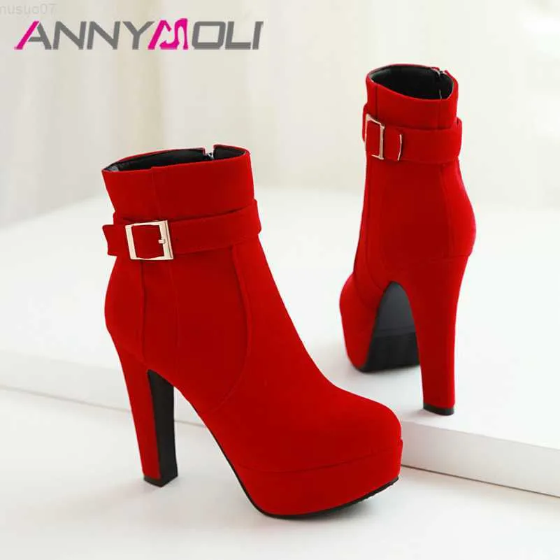 Buty Annymoli Extreme High Heel Buty Boots Buty Platforma Platforma Spike Obcase Buty Zip Burek Krótkie buty Panie Autumn Winter Red 43 L230712