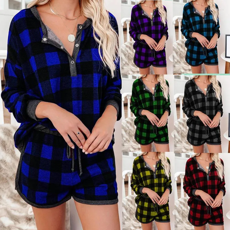 Survêtements pour femmes Shorts pour femmes Ensembles de deux pièces Plaid 2023 Mode Homewear Single Breasted Col en V T-shirts Tops Cordon Lâche Blouses