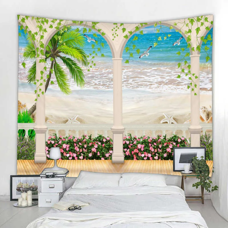 Tapisseries murales imprimées de beaux paysages de plage, tapis d'art suspendu bon marché, décoration de salon, grande couverture